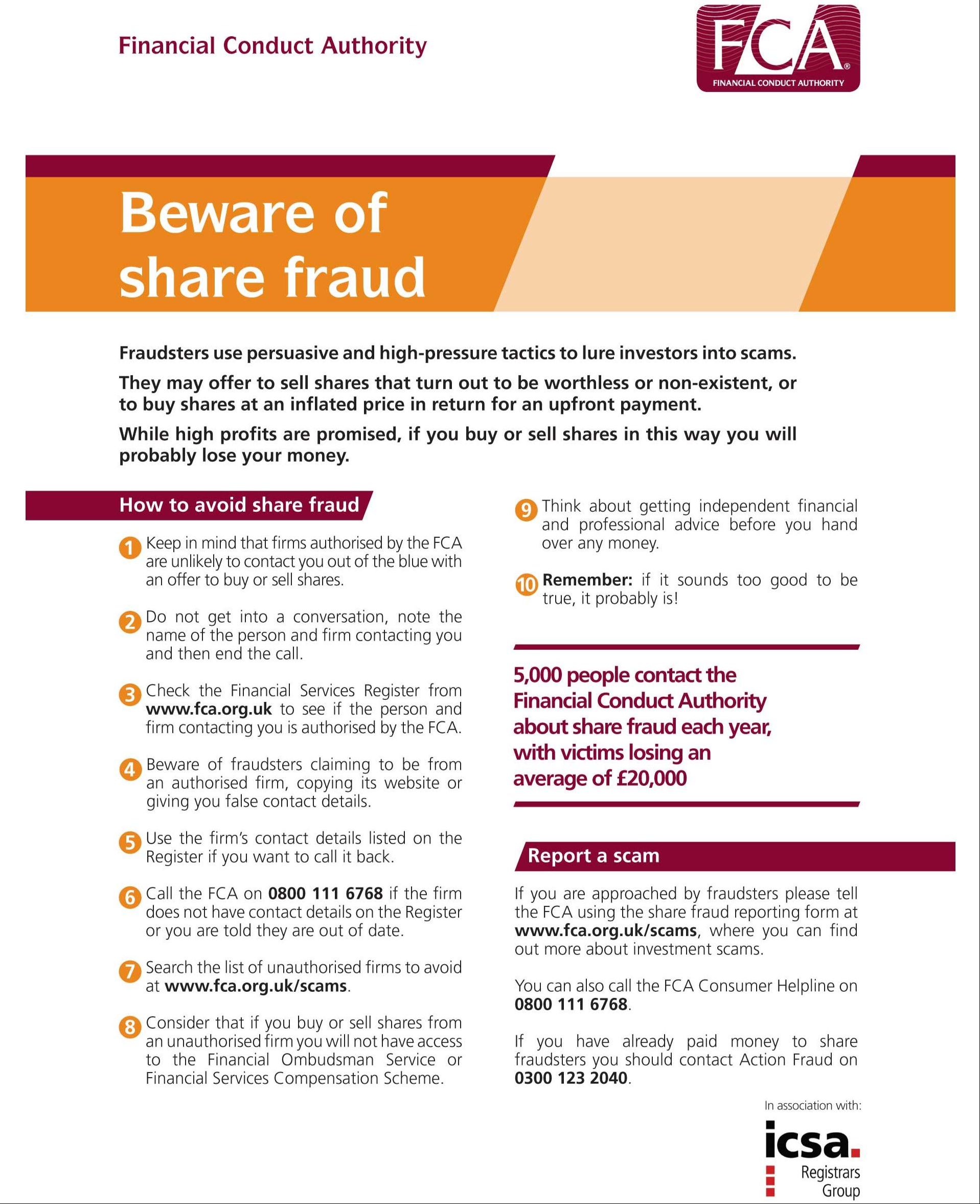 Beware of Share Fraud Fca Leaflet