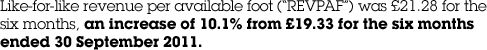 Like-for-like revenue per available foot (&ldquo;REVPAF&rdquo;) was &pound;21.28 for the six months, an increase of 10.1% from &pound;19.33 for the six months ended 30 September 2011.